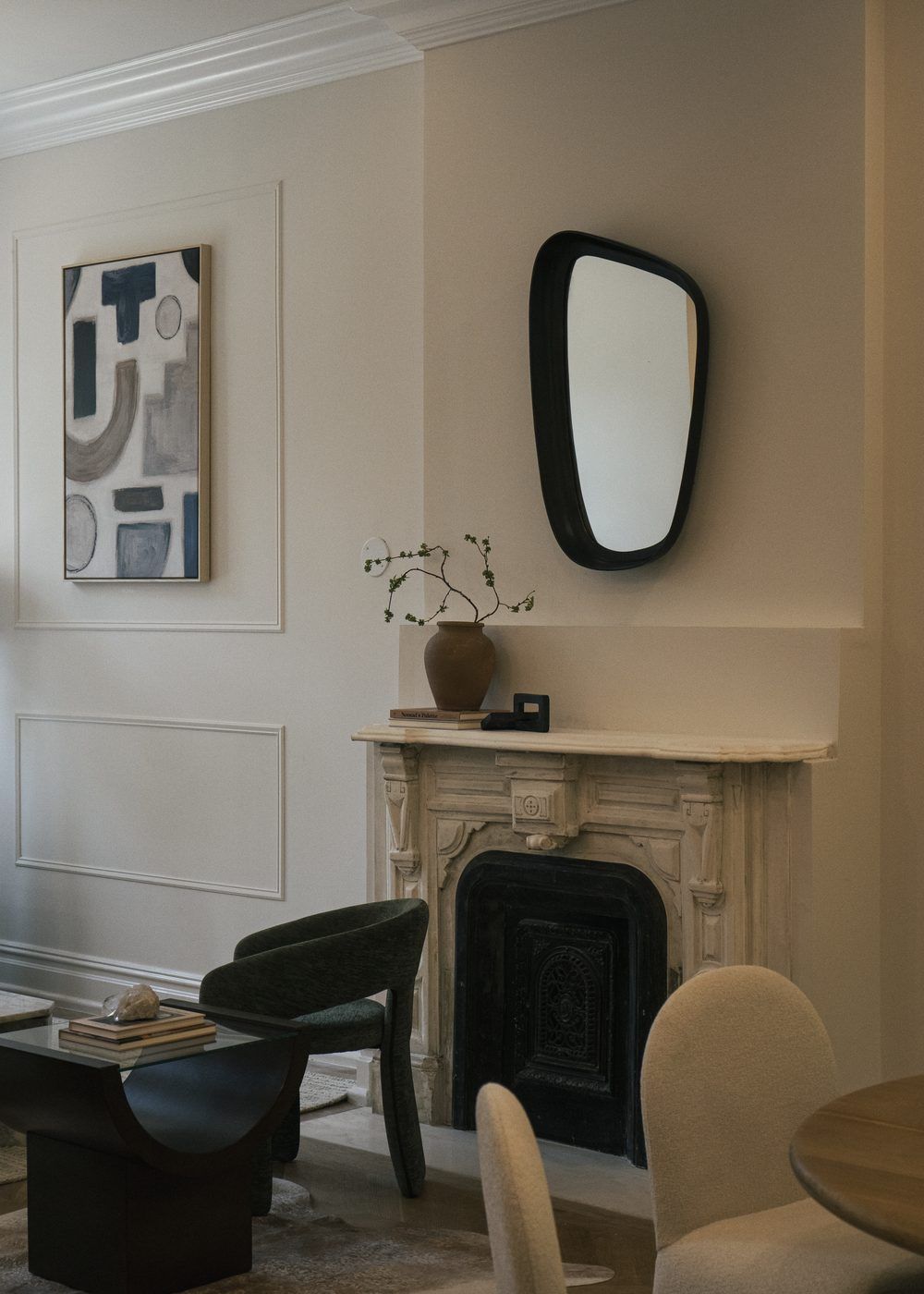 Parlor with fireplace at 134 Macon Street, Bed-Stuy, staged by Stage One