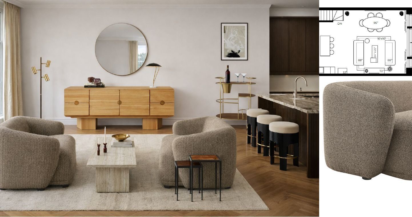 Stage One design presentation: Rendered elevations for each room, showing the exact furniture selections.