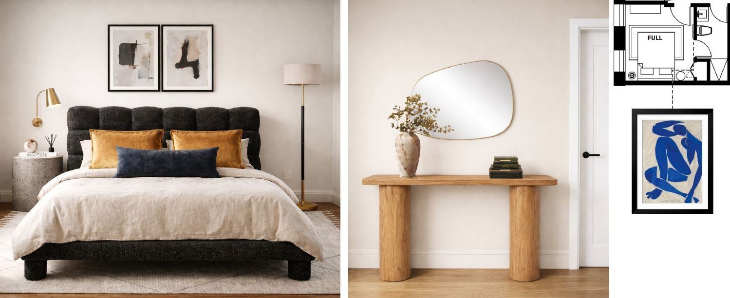 Stage One design presentation: Bedrooms and entries, detailed down to the art and mirrors.